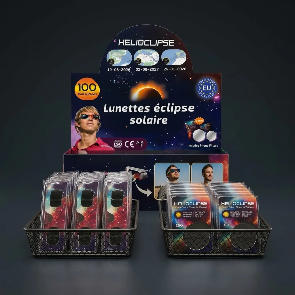 Lunettes d'éclipse Helioclipse présentées sur leur présentoir